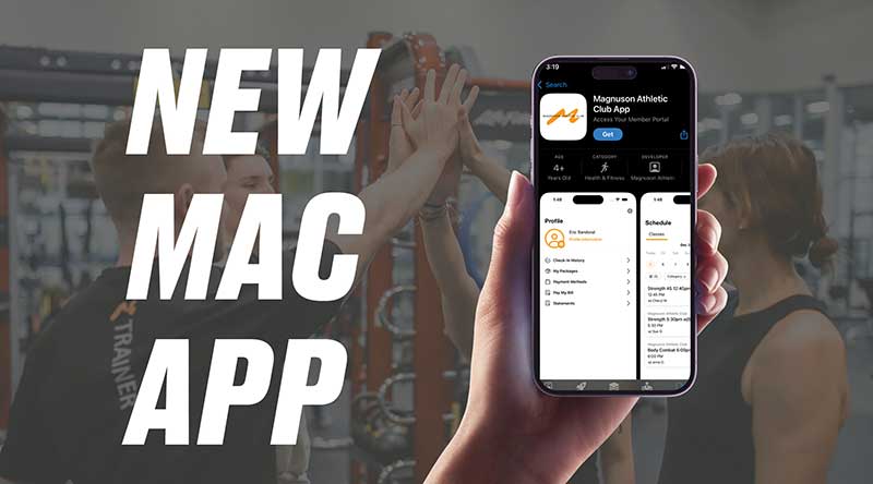 a hand holds a mobile phone, with a screen image of the new MAC membership app in the App store