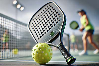 photo of a pickleball paddle next to a ball, on an outdoor pickleball court